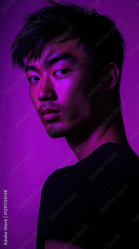 asian man model, background is solid purple, capturing a model's eyes, power of contrast asian man model, background is solid purple, capturing a model's eyes, power of contrast