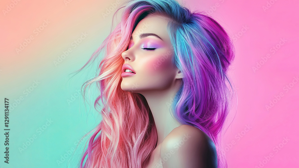 Beautiful woman with pink hair and pastel blue makeup. High resolution aesthetic suitable for advertising purposes. Photo to attract attention in banner ads. Generated AI. Beautiful woman with pink hair and pastel blue makeup. High resolution aesthetic suitable for advertising purposes. Photo to attract attention in banner ads. Generated AI.
