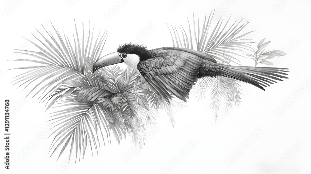 A detailed monochrome stippled depicting a vibrant tropical toucan bird perched gracefully on a lush palm branch