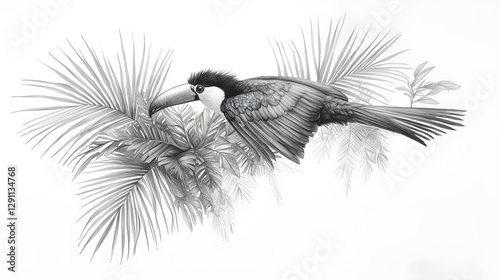Obraz na płótnie A detailed monochrome stippled depicting a vibrant tropical toucan bird perched gracefully on a lush palm branch w salonie