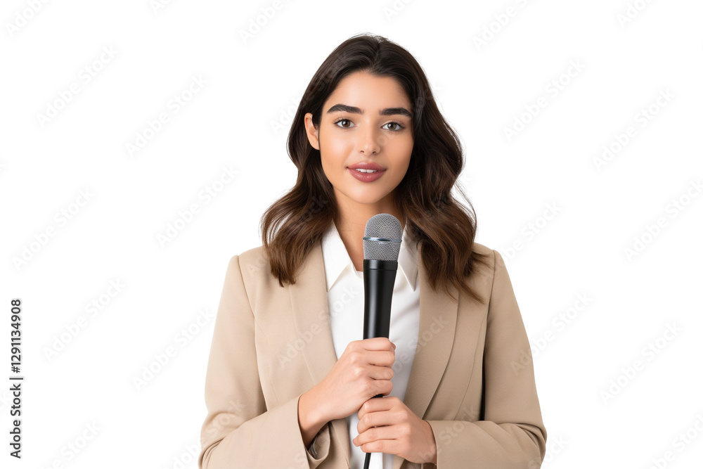 Confident young female journalist holding microphone isolated on transparent white background Confident young female journalist holding microphone isolated on transparent white background