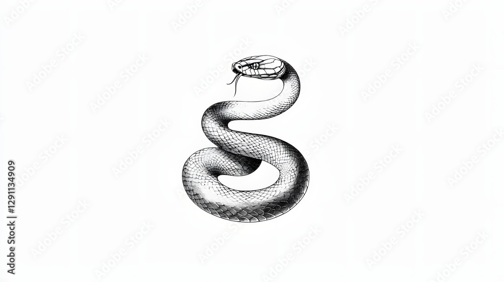 A detailed of a coiled snake its scales meticulously rendered in a fine woodcut engraving style
