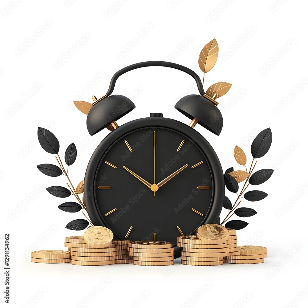 A digital alarm clock surrounded by scattered gold coins with a growing plant flourishing in the middle of the coins set against a plain white background showcasing a 3D of financial growth