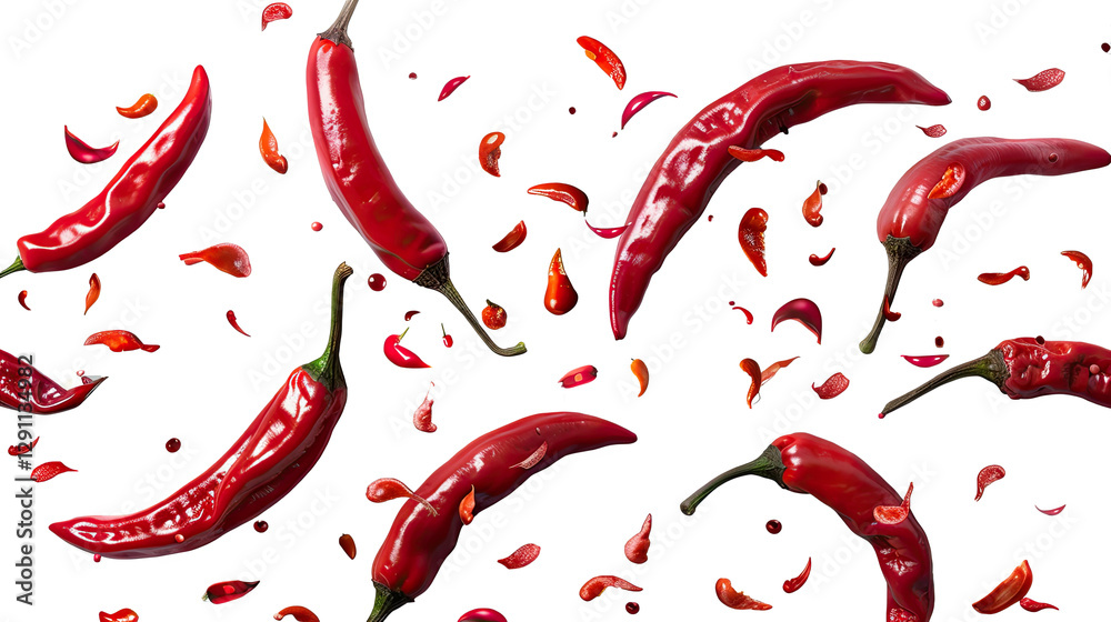 Vibrant red chilies scattered on a dark background, highlighting their texture and freshness for culinary uses. Vibrant red chilies scattered on a dark background, highlighting their texture and freshness for culinary uses.