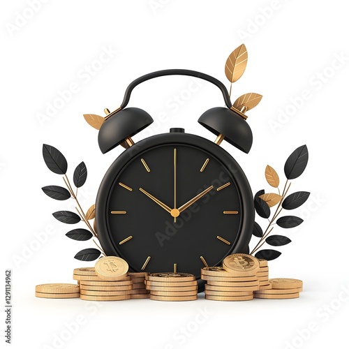 Obraz na płótnie A digital alarm clock surrounded by scattered gold coins with a growing plant flourishing in the middle of the coins set against a plain white background showcasing a 3D of financial growth w salonie