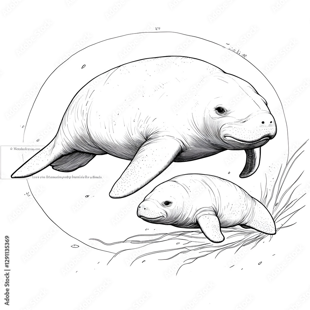 A dugong mother and her calf swimming peacefully through the underwater seagrass meadow illustrated in a classic naturalist engraving style The serene monochromatic scene captures the gentle