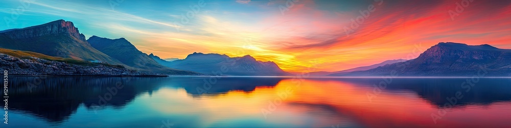 Colorful Mountain Sunrise Over Calm Lake Colorful Mountain Sunrise Over Calm Lake