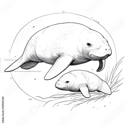 Obraz na płótnie A dugong mother and her calf swimming peacefully through the underwater seagrass meadow illustrated in a classic naturalist engraving style The serene monochromatic scene captures the gentle w salonie