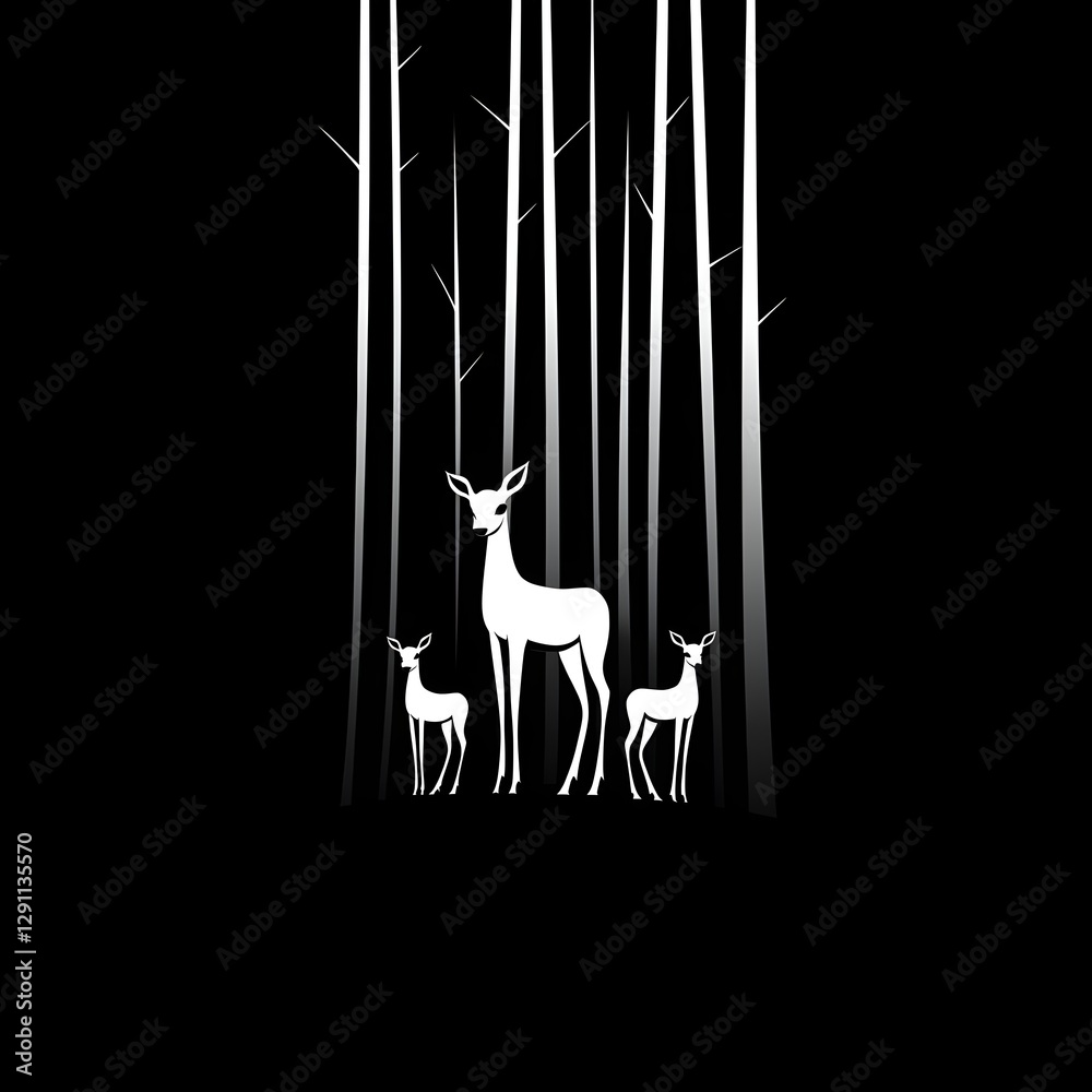 A family of graceful deer silhouettes standing in a peaceful foggy forest scene rendered in an elegant classic woodcut engraving style with a minimalist atmospheric aesthetic
