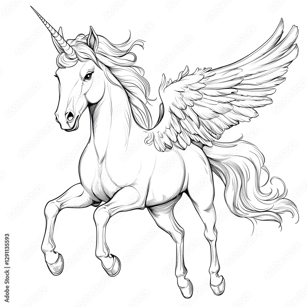 A fantasy inspired Pegasus in mid flight created using a detailed cross hatching technique Feathery textures and flowing lines emphasize the creature s elegance and dynamic movement across the sky
