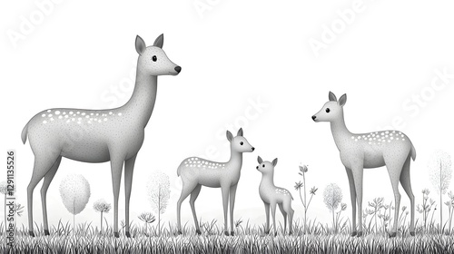Obraz na płótnie A family of elegant deer depicted in a naturalist pen and ink style with fur textures standing in a serene forest clearing surrounded by lush foliage and a tranquil atmosphere w salonie