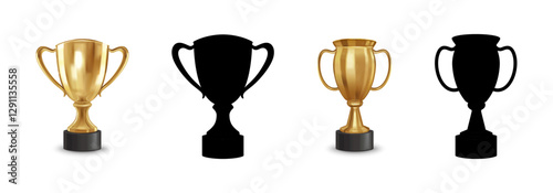 Golden Realistic and Flat Black Silhouette Trophy Icon Set