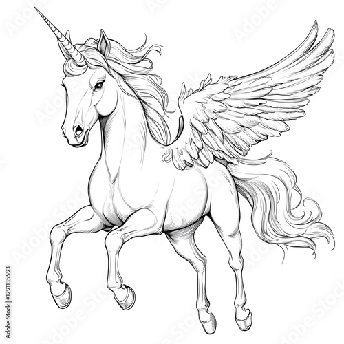 Obraz na płótnie A fantasy inspired Pegasus in mid flight created using a detailed cross hatching technique Feathery textures and flowing lines emphasize the creature s elegance and dynamic movement across the sky w salonie