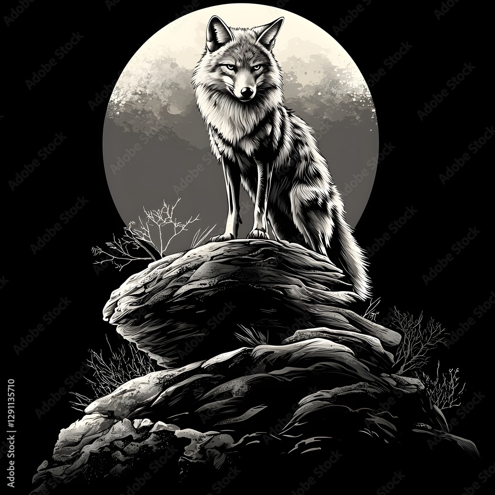 A fearsome jackal standing alert and watchful under the glow of the full moon its features and form rendered in dramatic pen and ink cross hatching for a striking atmospheric effect