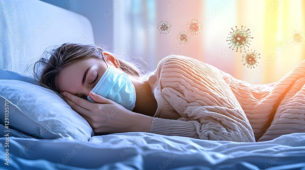 A feverish young woman lying in bed her face mask barely covering her nose golden light casting soft shadows influenza virus particles suspended in the air creating a moody and refined atmosphere