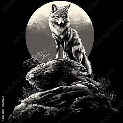 Obraz na płótnie A fearsome jackal standing alert and watchful under the glow of the full moon its features and form rendered in dramatic pen and ink cross hatching for a striking atmospheric effect w salonie