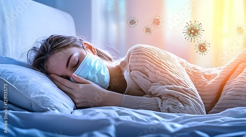 Obraz na płótnie A feverish young woman lying in bed her face mask barely covering her nose golden light casting soft shadows influenza virus particles suspended in the air creating a moody and refined atmosphere w salonie