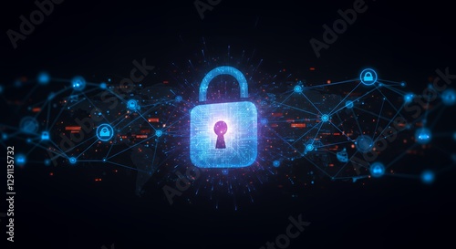 Wallpaper Mural  Abstract digital illustration of cybersecurity, featuring a glowing padlock, data encryption, and futuristic network connections. Torontodigital.ca