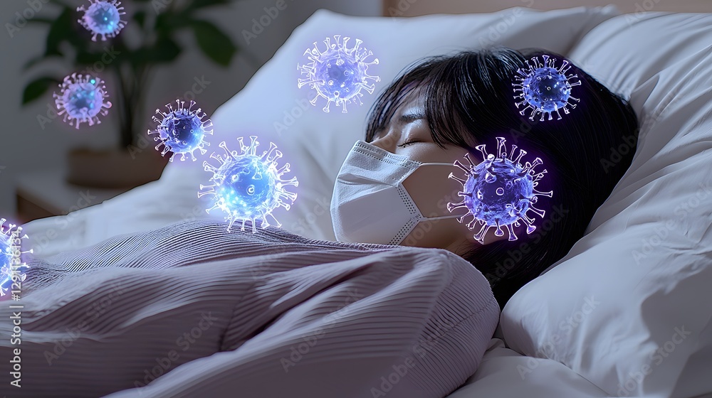 A futuristic hospital room with an ill patient surrounded by floating holographic virus scans and bacteria data natural daylight casting a gentle illumination creating a serene and calming atmosphere