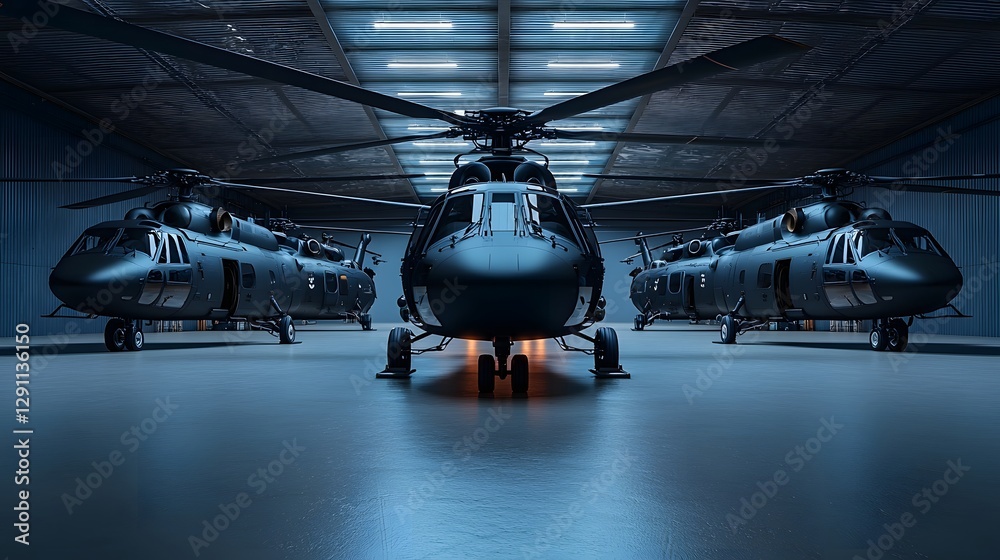 A futuristic military hangar showcasing an impressive row of advanced tactical helicopters with polished metal surfaces that reflect the ambient lighting
