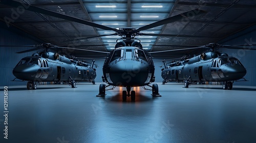 Obraz na płótnie A futuristic military hangar showcasing an impressive row of advanced tactical helicopters with polished metal surfaces that reflect the ambient lighting w salonie