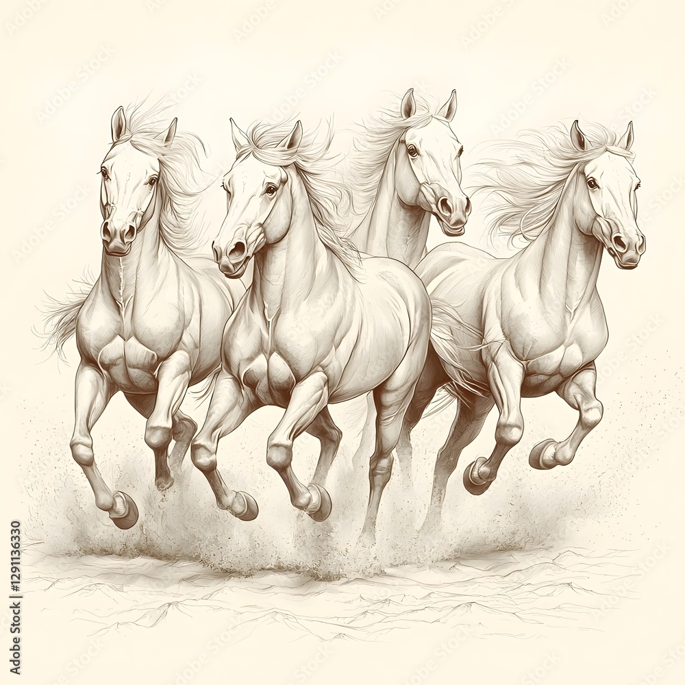A herd of wild horses galloping at full speed across an open expansive plain
