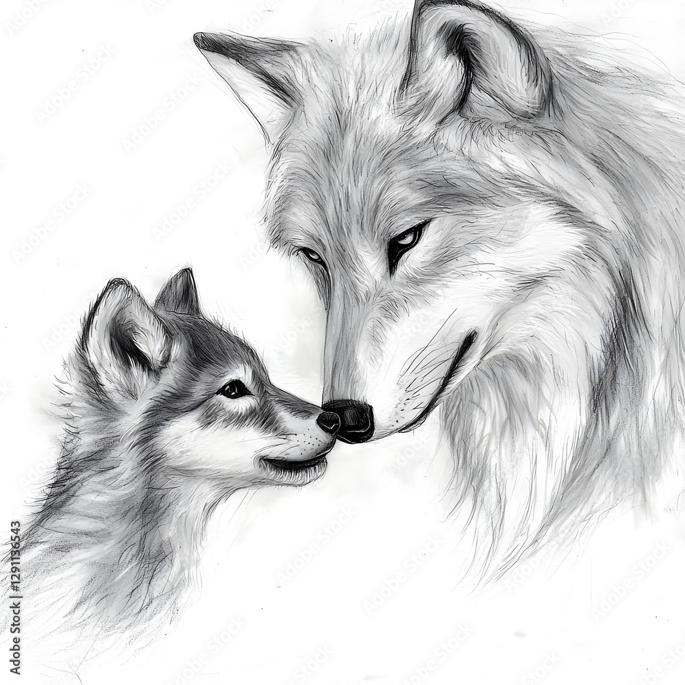 A highly detailed and pencil sketch depicting a mother wolf tenderly nuzzling and comforting her young cub showcasing the intimate bond and raw power of the natural world