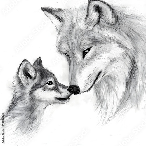 Obraz na płótnie A highly detailed and pencil sketch depicting a mother wolf tenderly nuzzling and comforting her young cub showcasing the intimate bond and raw power of the natural world w salonie