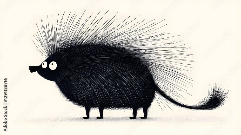 A highly detailed line engraving style depicting a porcupine with its quills raised in a bold high contrast black and white design The porcupine is shown in a minimalist stylized manner