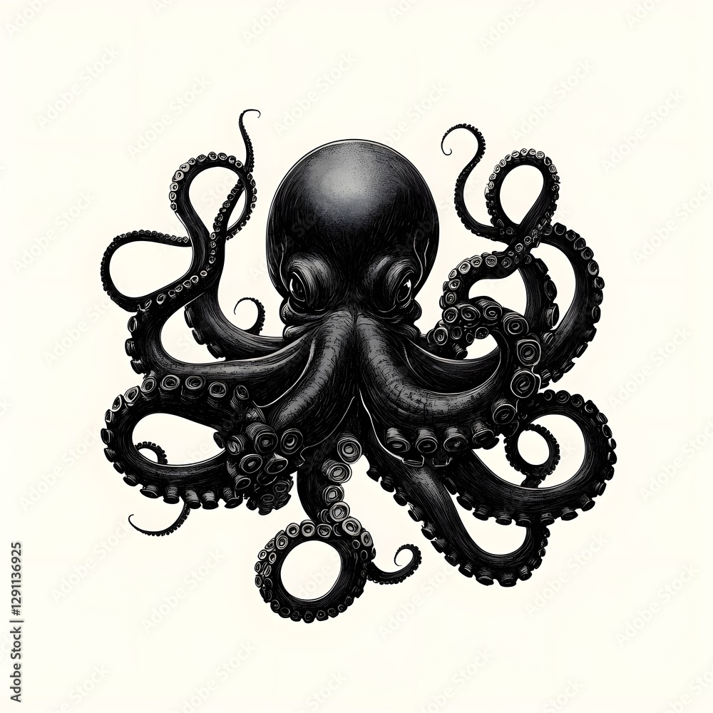 A highly detailed and intricate pen and ink depicting a giant octopus with its long sinuous tentacles twisting and curling in a captivating and ominous manner