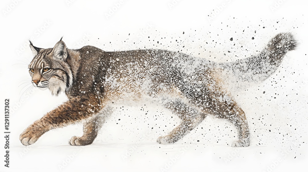 A highly detailed pen and ink drawing depicting a lynx stalking through a snowy winter landscape its powerful feline form captured in a moment of graceful