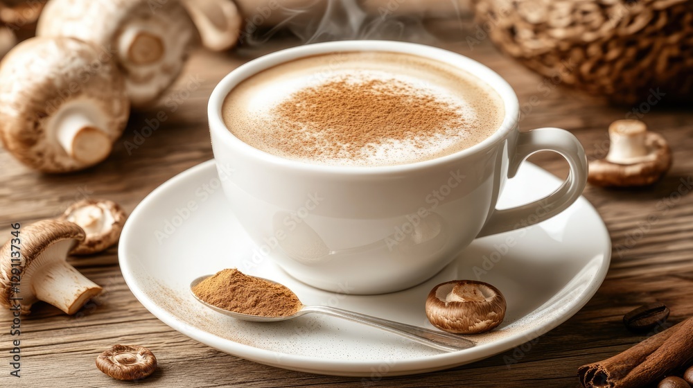 A steaming cup of coffee with a spoon of mushroom powder resting on the saucer. A steaming cup of coffee with a spoon of mushroom powder resting on the saucer.