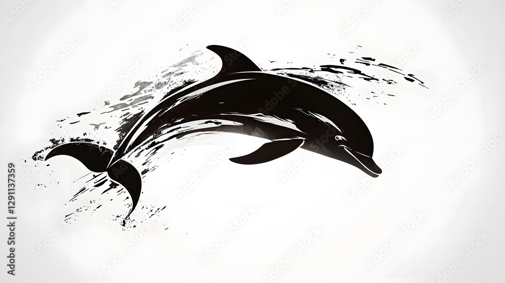 A leaping dolphin drawn in a minimalist ink wash painting style capturing the smooth fluidity of its movement through the water The silhouetted shape and smooth black and white tones create a simple