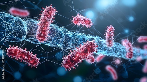 A holographic medical display visualizing the effects of antibiotics on gram positive bacteria softly glowing in a refined and futuristic research setting
