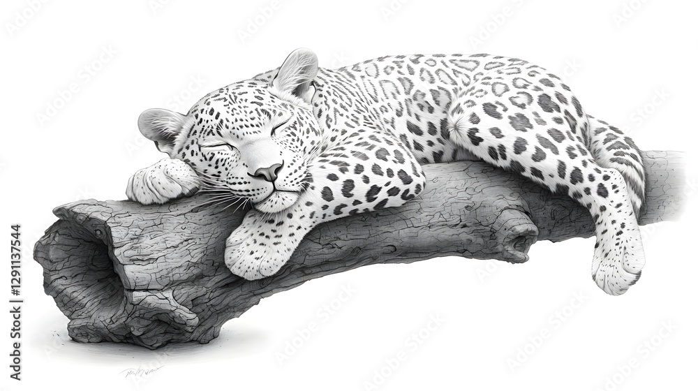 A majestic leopard resting peacefully on a tree branch its spotted coat highlighted through the naturalist ink stippling technique to create a striking monochrome portrait