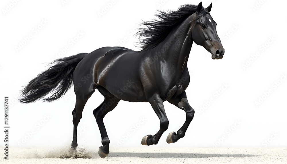 A black horse gallops across the field with flowing black mane A black horse gallops across the field with flowing black mane