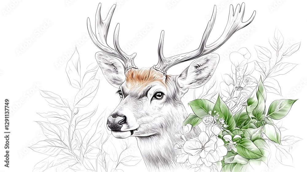A majestic stag standing tall in a dense forest drawn in a classic ink engraving style with intricate details of its antlers and the surrounding natural elements The captures the grace power