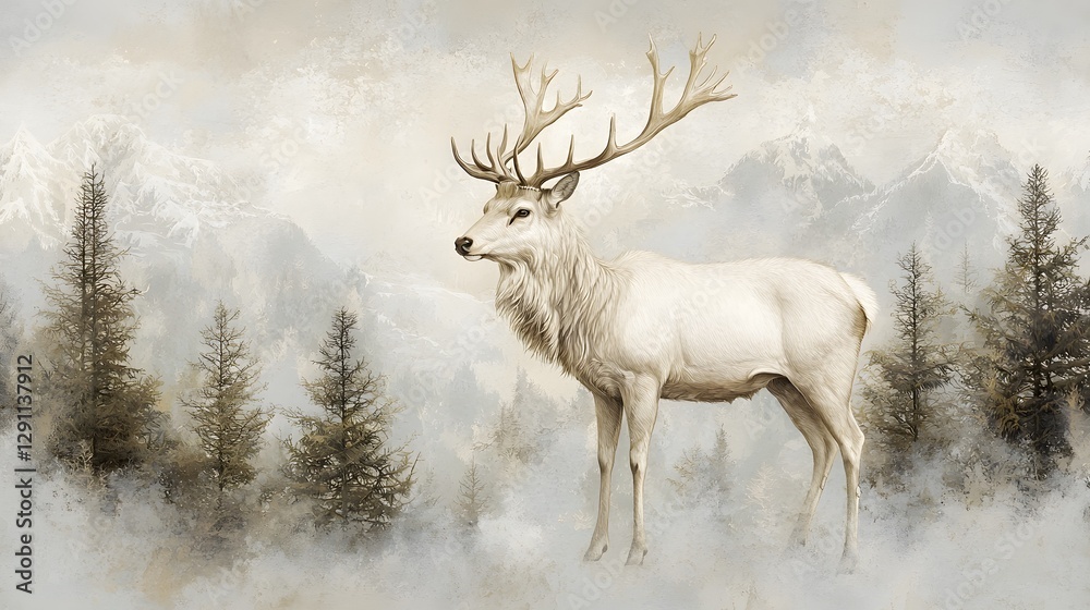 A majestic stag standing tall and proud in a dense misty forest drawn in a classic ink engraving style with intricate antler details This serene