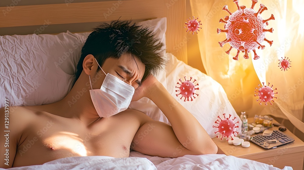 A man lies weakly in bed wearing a medical face mask his bedside table cluttered with various medications Warm sunlight filters through the curtains highlighting the surroundings