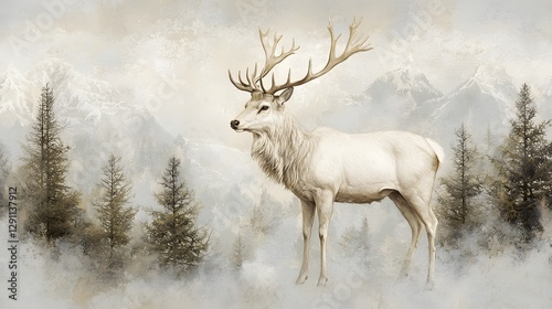 Obraz na płótnie A majestic stag standing tall and proud in a dense misty forest drawn in a classic ink engraving style with intricate antler details This serene w salonie