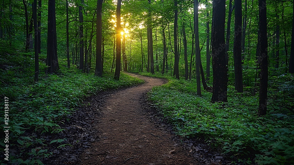 Obraz premium Winding forest path at sunset, sunlight through trees