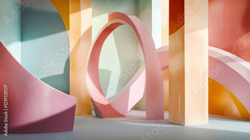Abstract architecture, curved forms, pastel colors, soft shadows