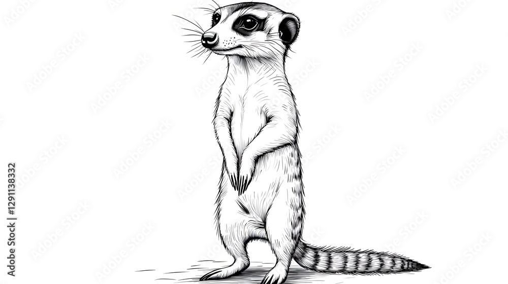 A meticulously illustrated meerkat standing upright and alert showcasing the intricate details of its fur and posture in a stunning pen and ink style