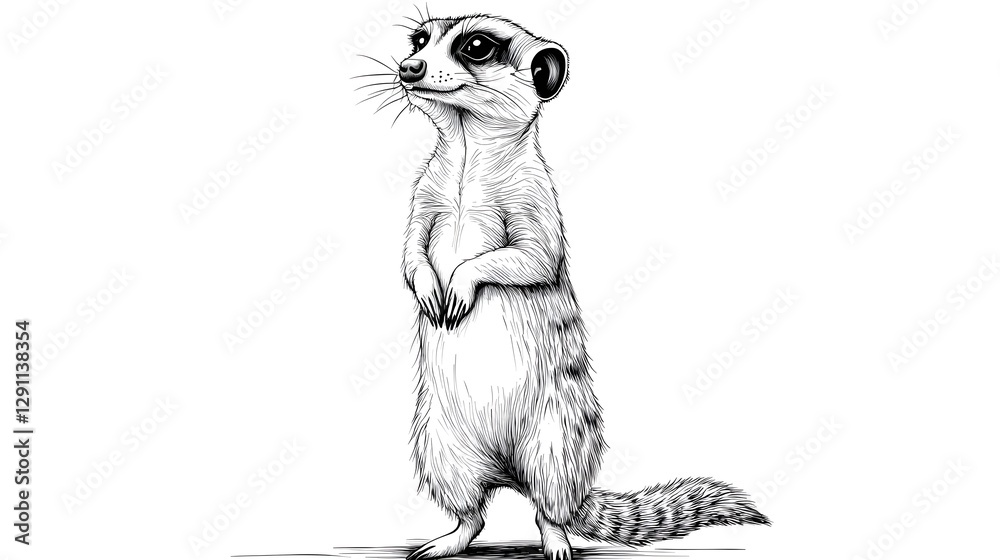 A meticulously illustrated meerkat standing upright captured in a precise pen and ink drawing style that enhances the intricate details of its fur posture and alert expression