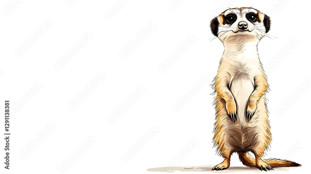A meticulously illustrated meerkat standing upright in an alert vigilant pose showcasing the intricate details of its fur texture and precise postural balance