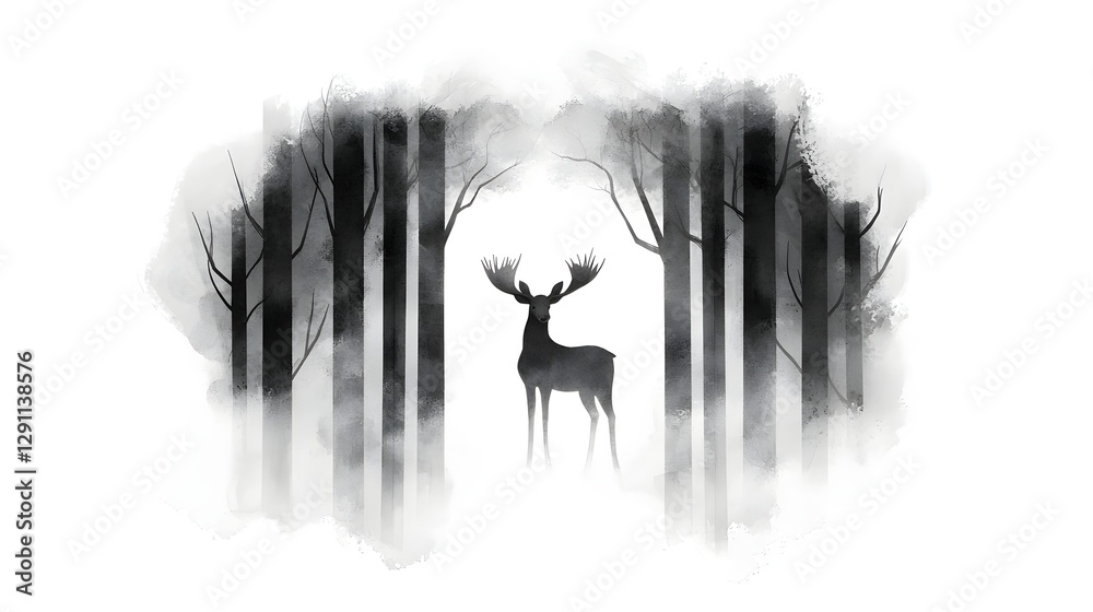 A moose standing amidst the misty trees its intricately detailed antlers standing out against the atmospheric forest backdrop in this fine ink