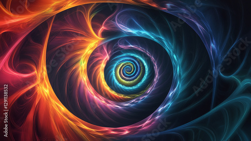 Cosmic spiral, vibrant fractal, swirling vortex, fiery orange tendrils, cool blue waves