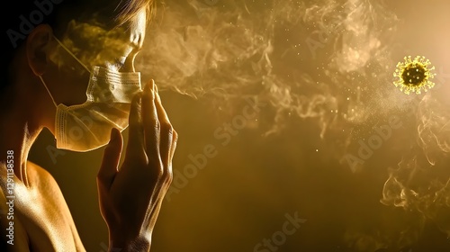 Obraz na płótnie A moody atmospheric image depicting a coughing patient partially obscured in golden hour light with softly floating influenza virus particles visible The scene conveys a sense of illness disease w salonie