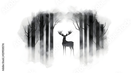 Obraz na płótnie A moose standing amidst the misty trees its intricately detailed antlers standing out against the atmospheric forest backdrop in this fine ink w salonie