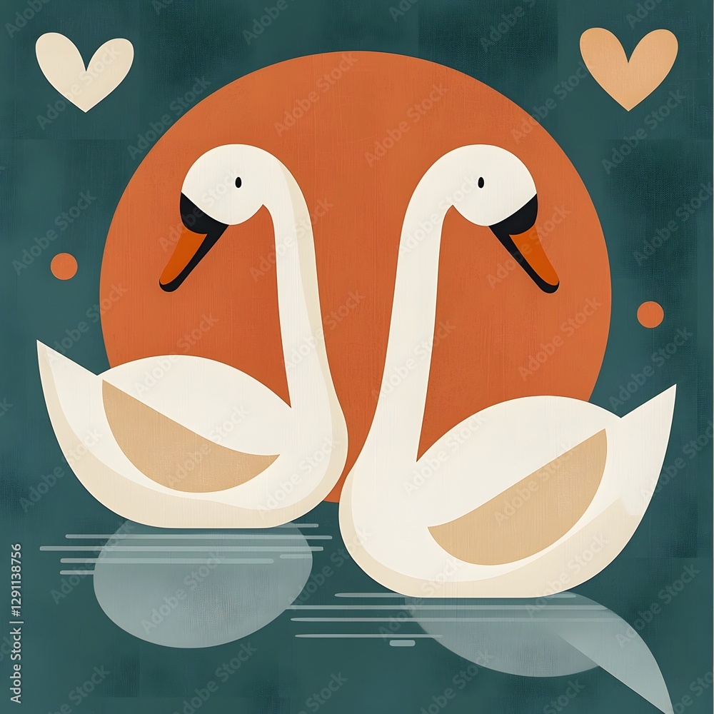 A pair of elegant high contrast silhouetted swans gracefully gliding across a still peaceful lake in a stylized minimalist